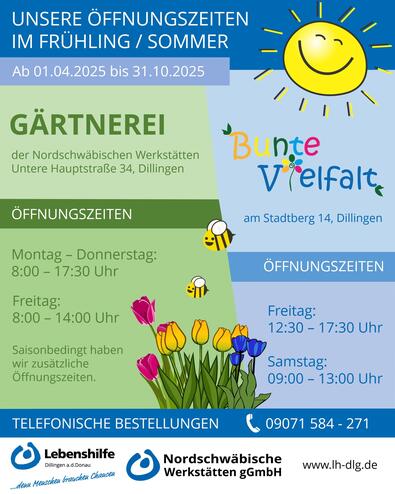 Öffnungszeiten Frühling/Sommer Gärtnerei 2025