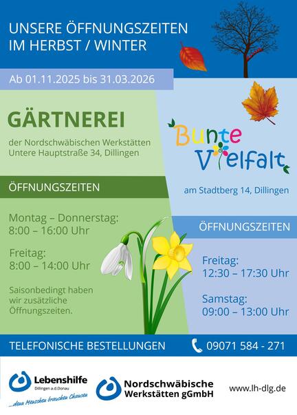 Öffnungszeiten Gärtnerei Herbst/Winter 2025/2026