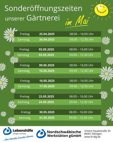 Sonderöffnungszeiten Gärtnerei Mai 2025